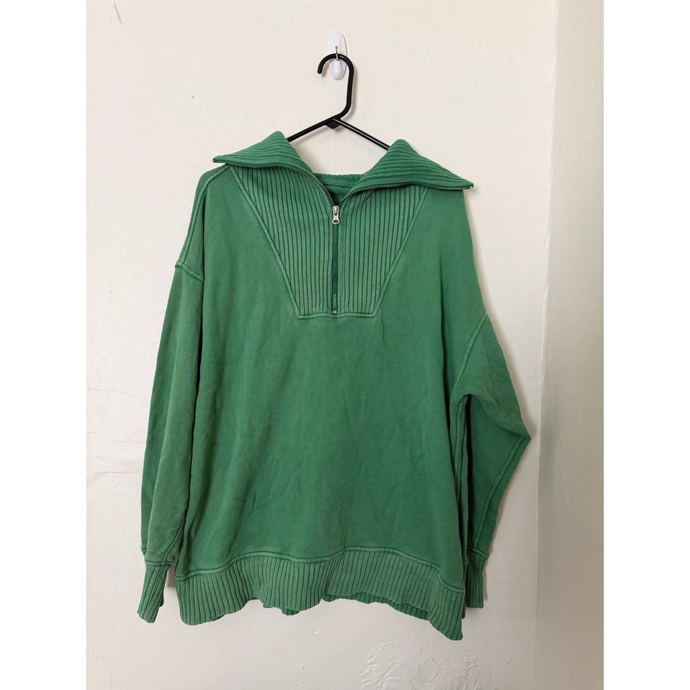 Aerie Womens Green Ribbed Quarter Zip Pullover Sweatshirt Oversized Medium